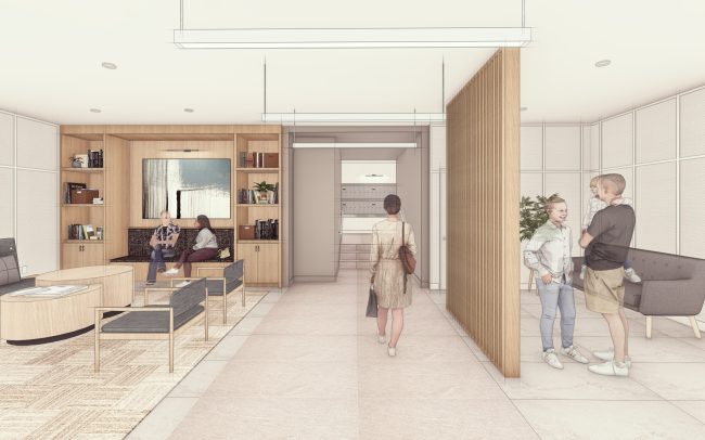 Interior rendering of the Dorchester Apartments lobby renovation in Arlington, VA, showing open circulation, updated seating, and modern finishes.