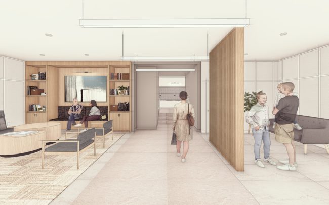 Interior rendering of the Dorchester Apartments lobby renovation in Arlington, VA, featuring updated seating, lighting, and contemporary finishes.